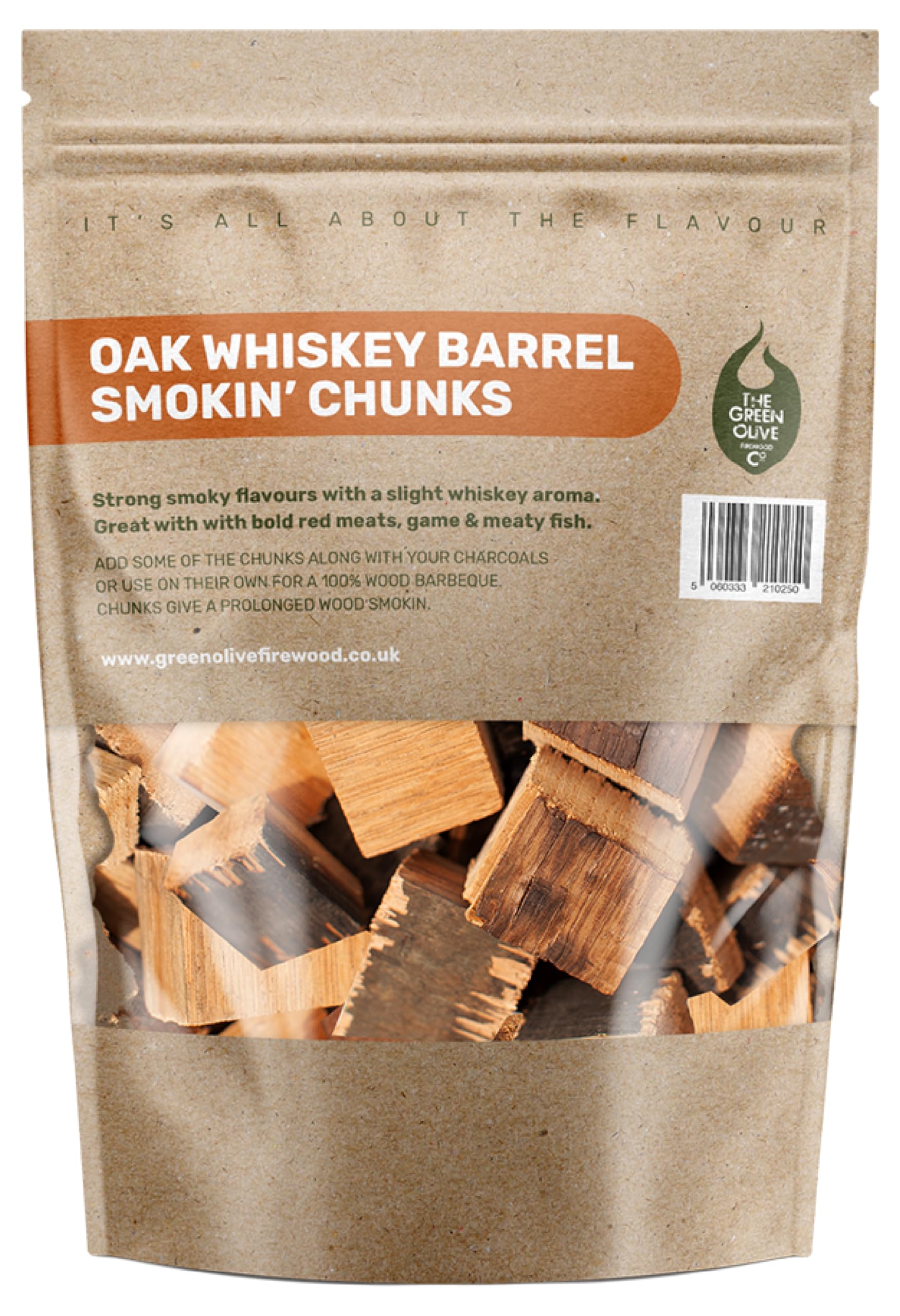 Green Olive Firewood Company - Whiskey Wood Chunks for Smoking, 5L (approx 1.5kg) BBQ Wood chunks For Charcoal, Gas BBQ's, Smokers - Large Smoking Cubes for Smoking Beef, Lamb Meat, Fish, Vegetables