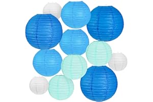 Peywot 12Pcs Blue and White Paper Lanterns Assorted Sizes (6" 8" 10" 12") for Home Decor, Wedding, Birthday, Mamma Mia Themed Party Decorations, Hanging Chinese Japanese Paper Lantern (3 Blue Colors)