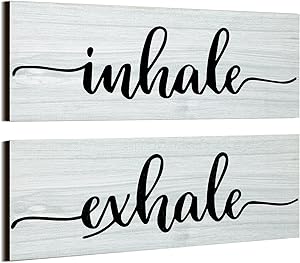 Jetec 2 Pieces Inhale Exhale Wood Sign Art, Inspirational Farmhouse Wall Plaque Wooden Rustic Signs for Bedroom Wall Art Home Decor Bedroom Decor Farmhouse Style Gallery Wall (White)