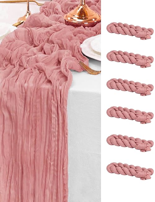 FUANGUI 6 Pack 35x120 Inches Pink Cheesecloth Table Runner 10Ft, Valentine’s Day Decoration Boho Gauze Romantic Coral Cheese Cloth Table Runner for Bridal Baby Shower Wedding Birthday