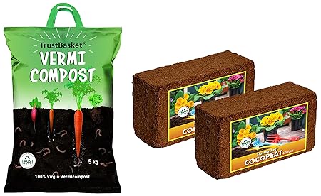 TrustBasket Organic Vermicompost Fertilizer Manure for Plants - 5 KG & COCOPEAT Block(650 Grams)-EXPANDS to 16 litres of Coco PEAT Powder (Set of Two 650grm Bl Combo