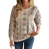 Saodimallsu Womens Long Sleeve Floral Sweaters Fall Crew Neck Casual Loose Knitted Pullover Tops
