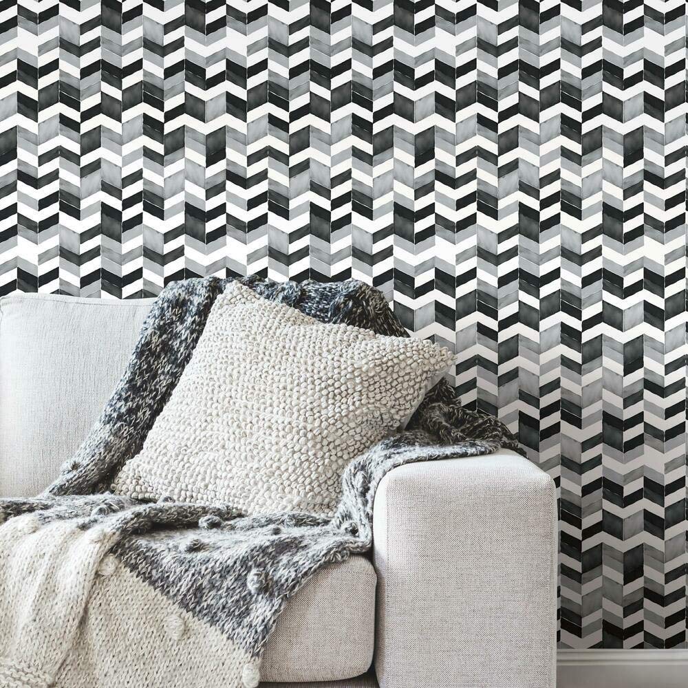 RoomMates RMK11356RL Paul Brent Black Watercolor Chevron Peel and Stick Wallpaper
