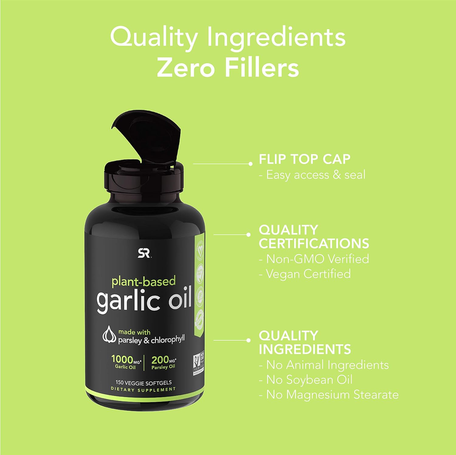 Odorless Garlic Oil Pills (1000mg) with Parsley & Chlorophyll | The only Vegan Certified Garlic Supplement Available | 150 Veggie softgels: Health & Personal Care
