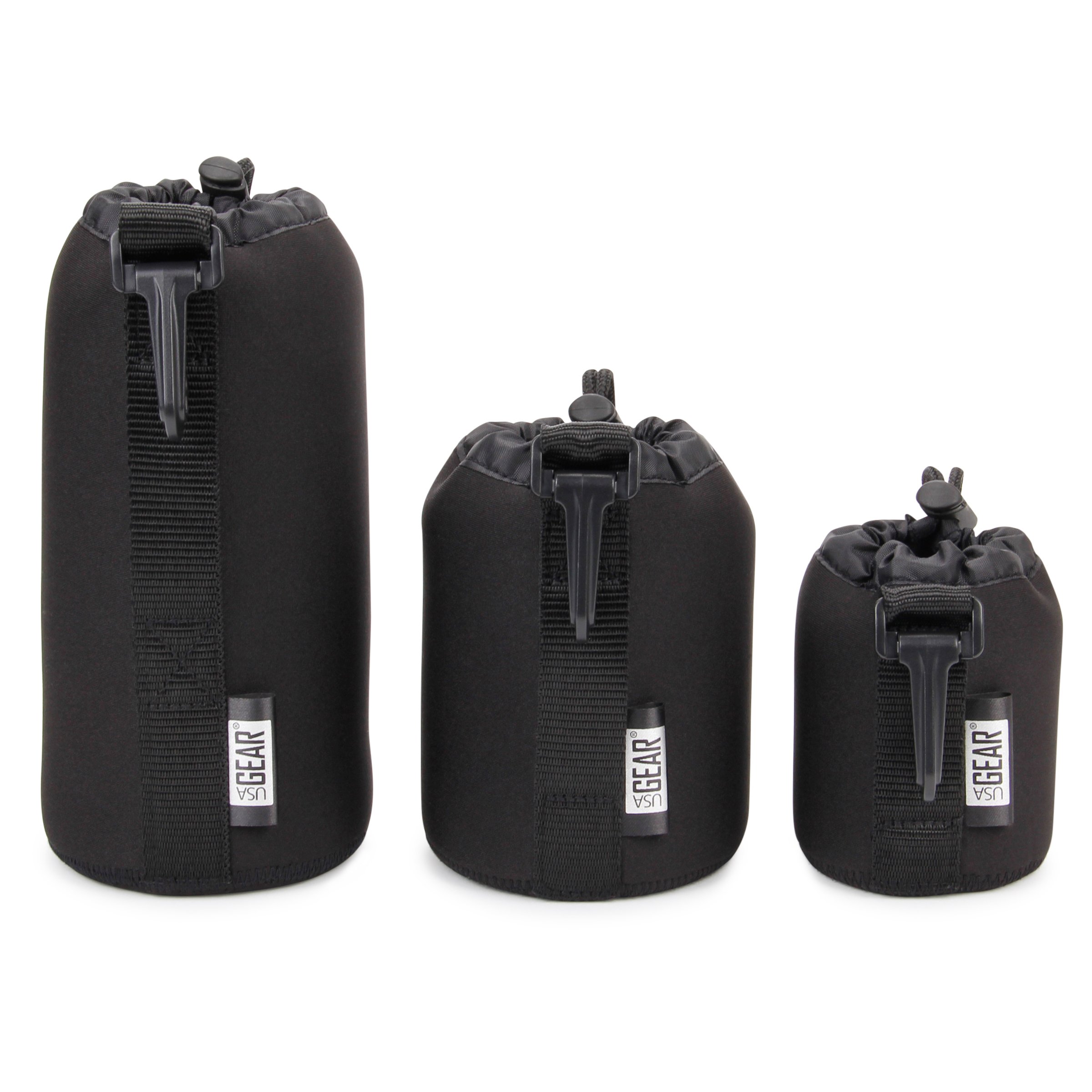 USA Gear FlexARMOR Protective Neoprene Lens Case Pouch Set 3-Pack (Black) - Small, Medium and Large Cases Hold Lenses up to 70-300mm with Drawstring Opening, Attached Clip, Reinforced Belt Loop
