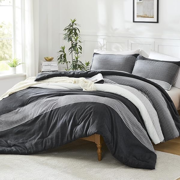 LITANIKA FULL COMFORTER SET BLACK – 3 PIECES STRIPE BEDDING COMFORTER SETS