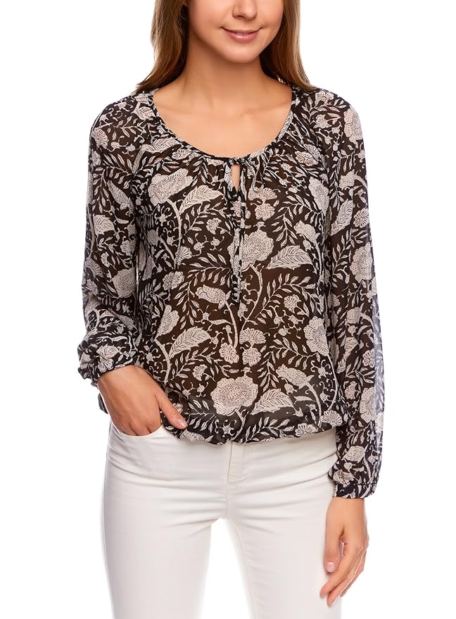 oodji Collection Women's Printed Blouse with Drawstrings Amazon.co.uk