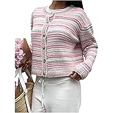 BEAUDRM Women's Striped Cardigan Long Sleeve Button Down Crew Neck Sweater Fall Clothes