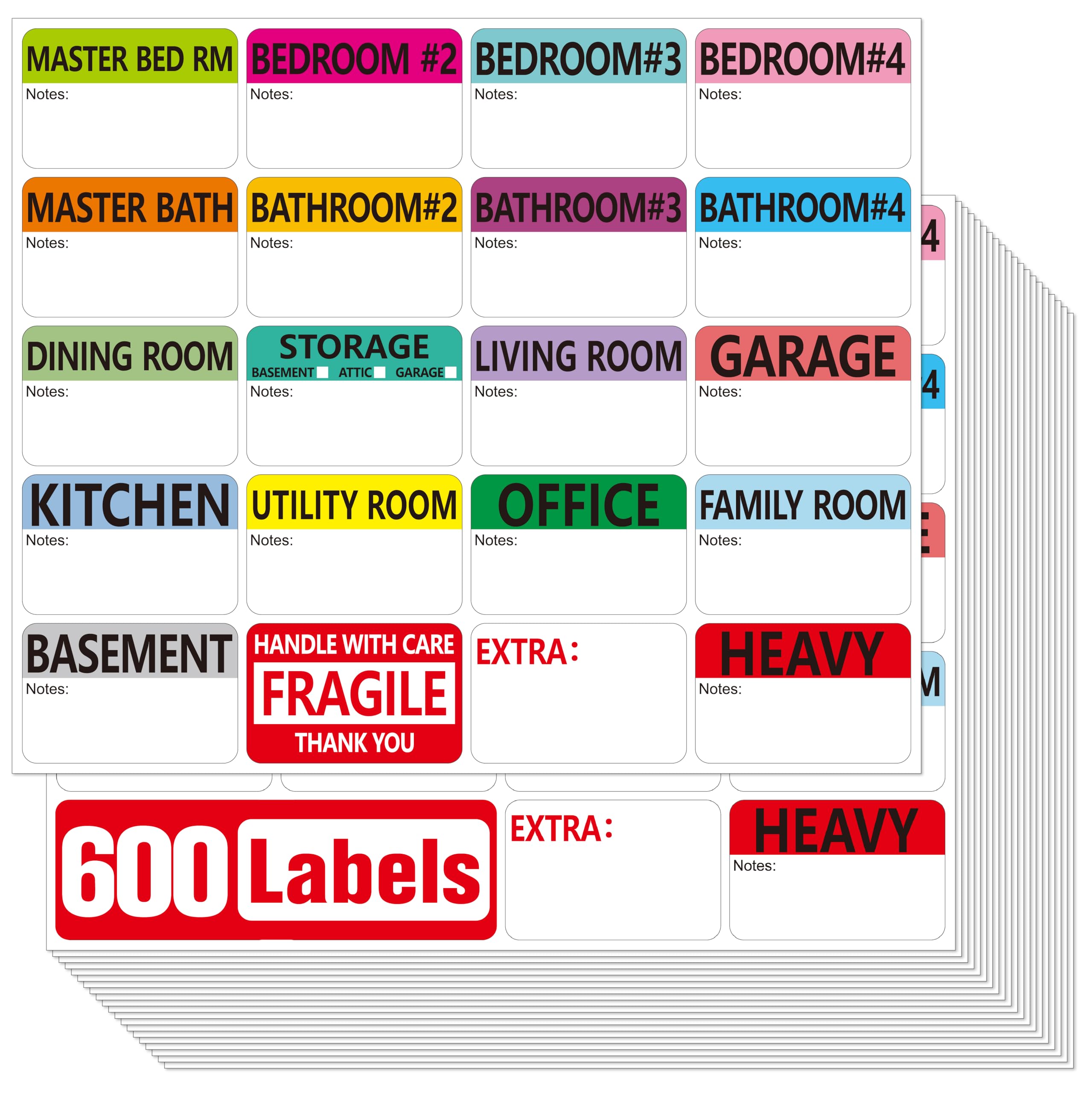 600 PCS Home Moving Labels, 20 Designs Color-Coding Packing Box Labels Pre-Printed Stickers with Writable Notes Areas (Each Measures 2” x 3”)