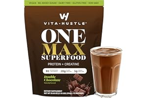 VitaHustle ONE Max Protein Powder, 30g Plant Protein + 5g Creatine, All-in-One Meal Replacement Shake with Greens, Adaptogens, Ashwagandha, Probiotics & Vitamins – Double Chocolate, 15 Servings