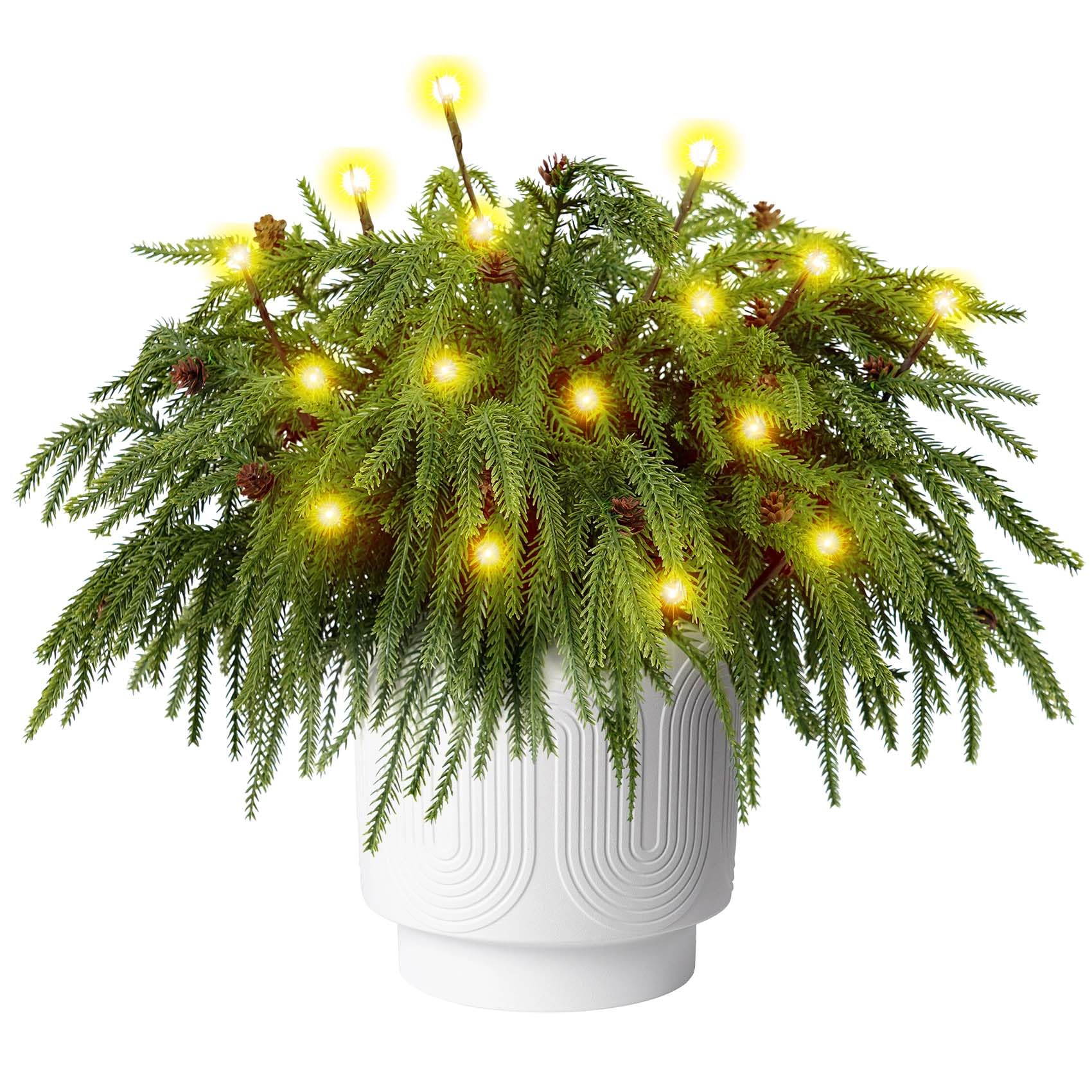 Photo 1 of 12 Pcs Christmas Norfolk Pine Branches with Branch Lights - 18" Norfolk Pine Artificial Xmas Branches with Pine Cones, Norfolk Pine Stems for DIY Crafts Garland Wreath Xmas Indoor Outdoor Home Decor