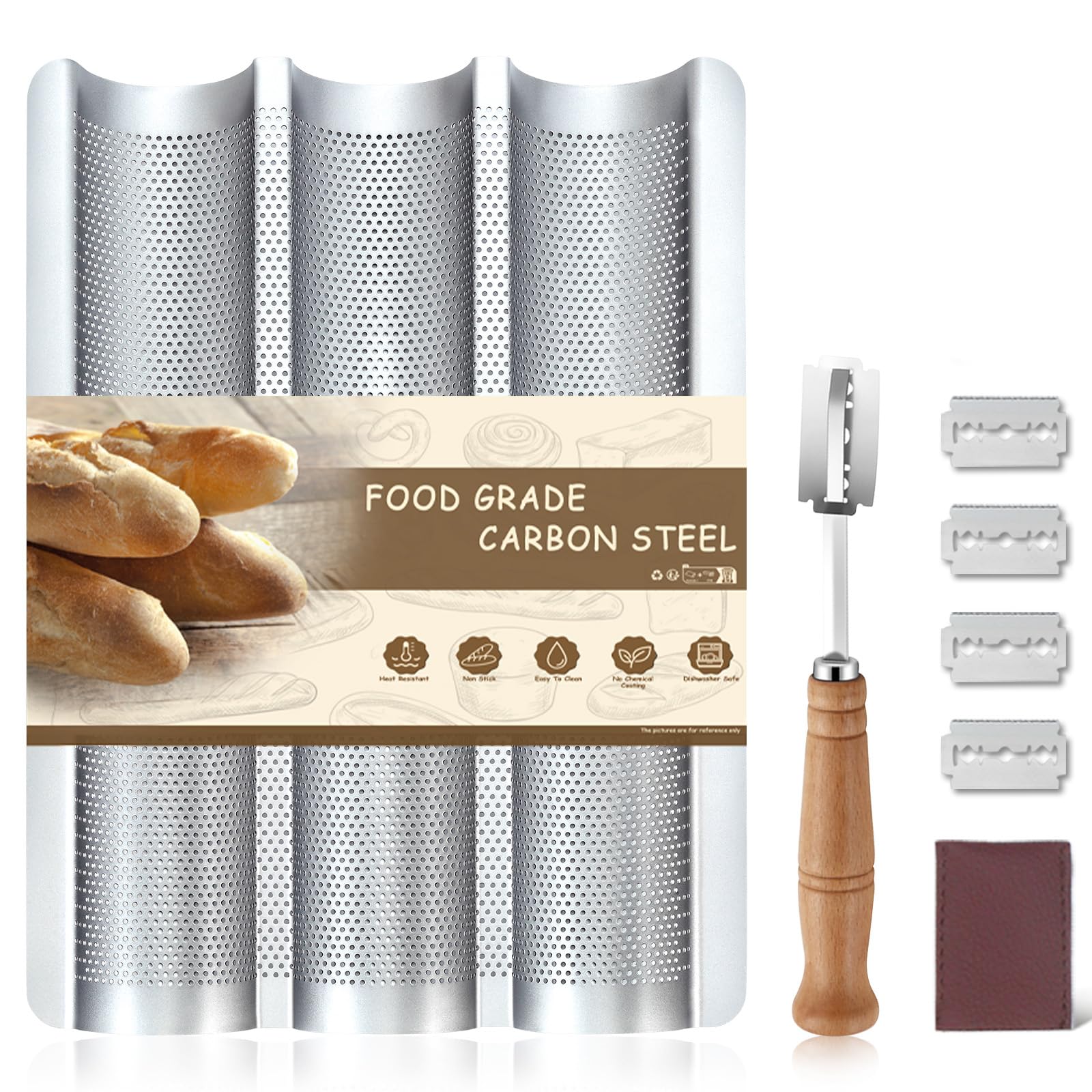 Pleafind Baguette Mould for 3 Baguettes with Non-Stick Coating, Baguette Baking Tray with 3 Slots, Deep Fluted, Perforated Baguette Tray, Baguette Mould Bread Baking Accessories (Silver)