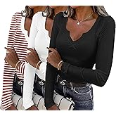 Ekouaer Womens 3 Pack Long Sleeve Shirts V-Neck Slim Fit Going Out Thermal Undershirts Ribbed Y2K Tops XS-XXL