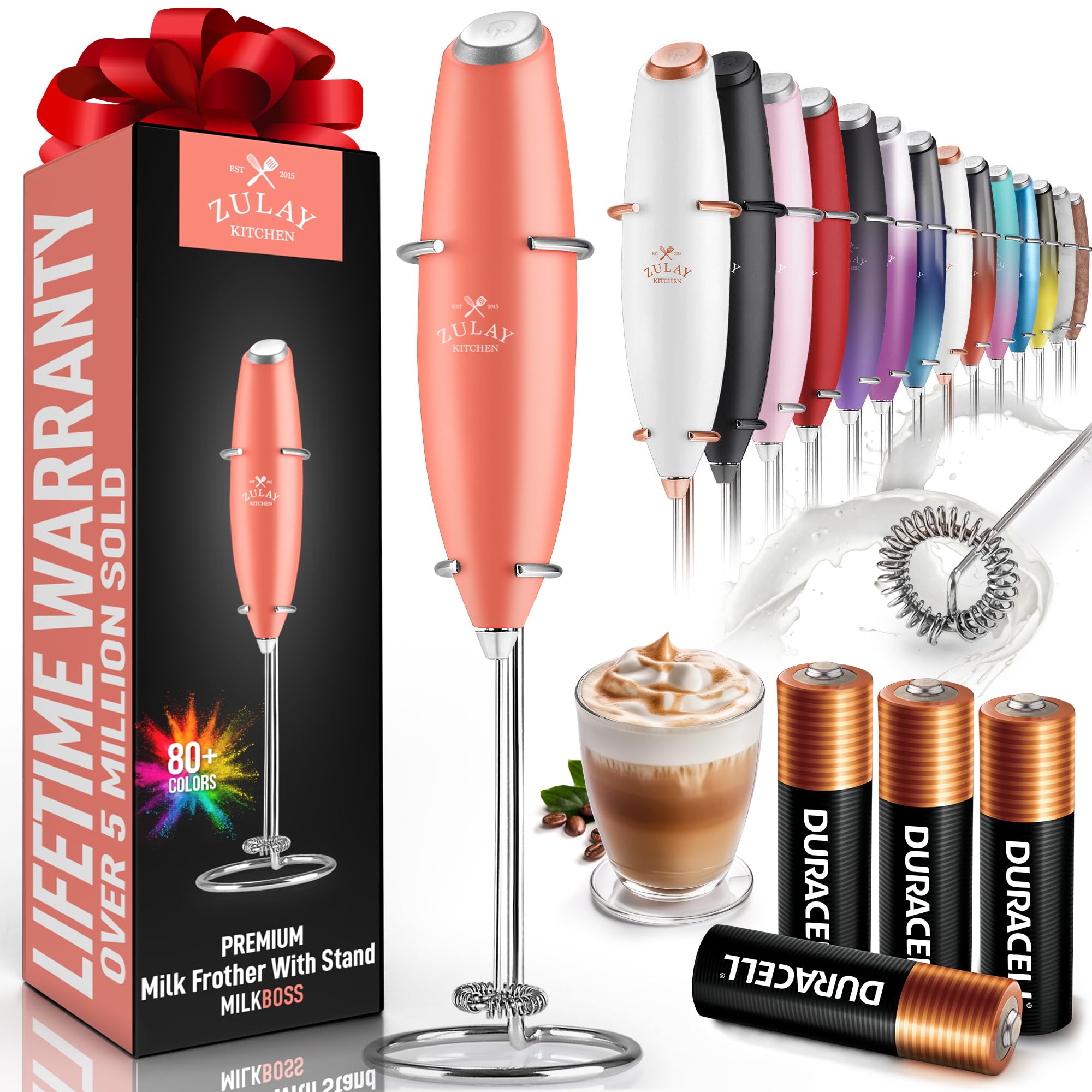 Zulay Kitchen Original Milk Frother Handheld Foam Maker for Lattes - Whisk Drink Mixer for Coffee, Mini Foamer for Cappuccino, Frappe, Matcha, Hot Chocolate by Milk Boss (Peach Orange)