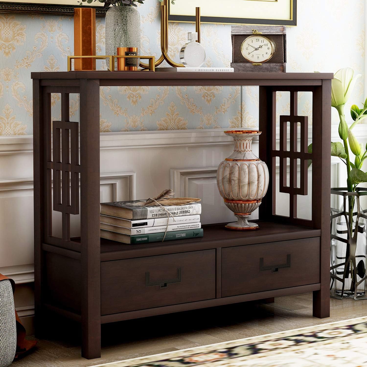 P PURLOVE Sofa Table Console Table for Entryway Wood Table with 2 Storage Drawers for Living Room Hallway Bedroom (Espresso)