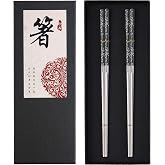 Stainless Steel Chopsticks Titanium Plated Metal Chopsticks Reusable Dishwasher safe Premium Japanese Korean Chopstick Laser Engraved Anti-slip Chop Sticks for Eating 2 Pairs Gift Set Black Silver