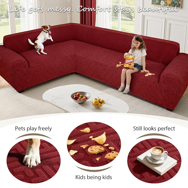ROFASVCO SECTIONAL COUCH COVERS L SHAPE SOFA COVER 1-PIECE STRETCH CORNER COUCH COVERS NON SLIP WASHABLE SOFA SLIPCOVERS CHRISTMAS FURNITURE PROTECTOR FOR DOGS PET (X-LARGE, WINE RED)