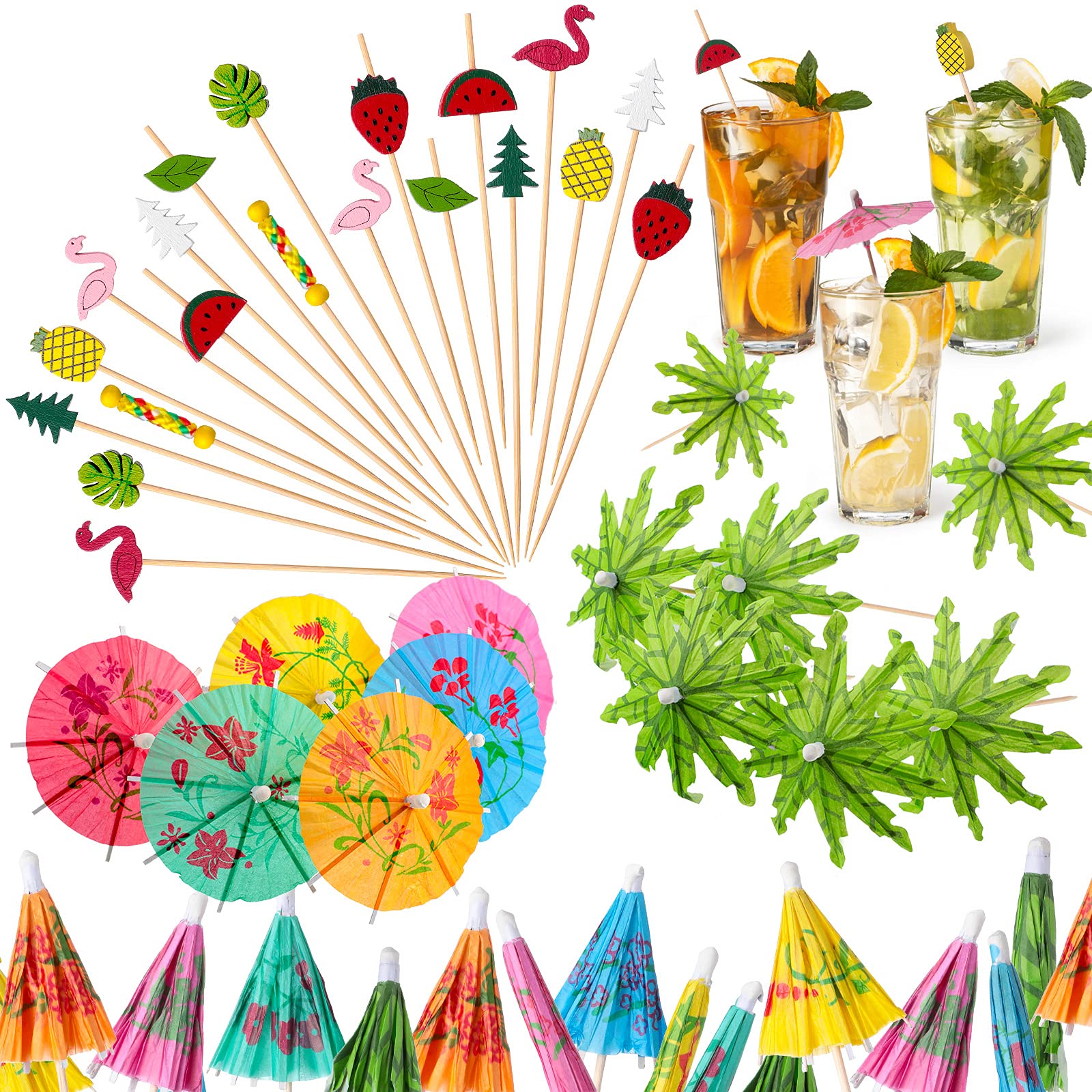 Photo 1 of 160 Pcs Cocktail Drink Accessories 60 Drink Cocktail Umbrellas 100 4.7 Inch Fruit Picks Summer Coconut Palm Colorful Bamboo Toothpicks Tropical Luau Hawaiian Beach Party Decorations