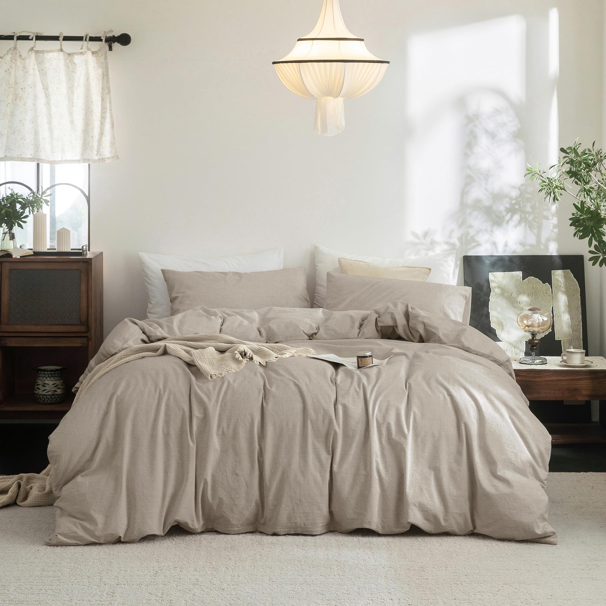 Photo 1 of FOSSA Duvet Cover Set 100% Washed Cotton Linen Feel Super Soft Breathable Cozy 3 Pieces Bedding Sets Solid Tannish Linen Grey Queen
