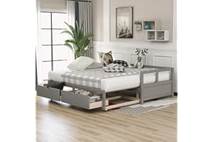 BIADNBZ Twin to King Size Extendable Daybed with Storage Drawers, Solid Wood Platform Day Bed SofaBed for Bedroom Living Room, Gray