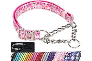 MAOWUWUJOZ Reflective Martingale Dog Collar with Soft Padded,Adjustable Heavy Duty Choke Steel Chain Big Dog Training, Walking, Hunting Collar for All Breeds (Pink Flowers M)