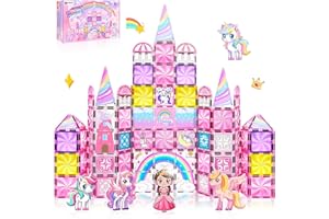 MAGBUBP Diamond Magnetic Tiles Unicorns Princess Castle with Magnetic Art Decor Kit, Unicorn Toys for Girl 3 4-6-8, Magnet Tiles for kids 4-8 5 6 7+ Girl Gifts,Magnet Toys Include 5 Dolls,Rainbow,Candy,Decors