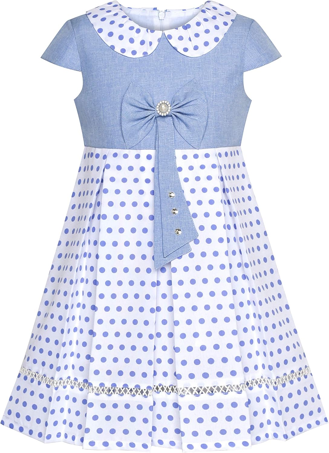 Sunny Fashion Girls Dress Polka Dot School Bow Tie Pearl Cap Sleeve Size 4-14: Clothing