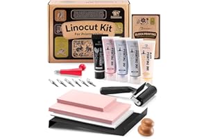 BOBBLEBRO Linoleum Blocks for Printmaking, Stamp Making Carving Linocut Kit for Kids DIY Gift, Rubber Stamp Carving Screen Printing Kit with 4 Colors Block Printing Ink, Rubber Block, Linocut Tools, Brayer