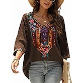 Women's Boho Embroidered Tunic Top Floral V-Neck 3/4 Sleeve Blouse, Loose Fit Summer Casual Beach Shirt