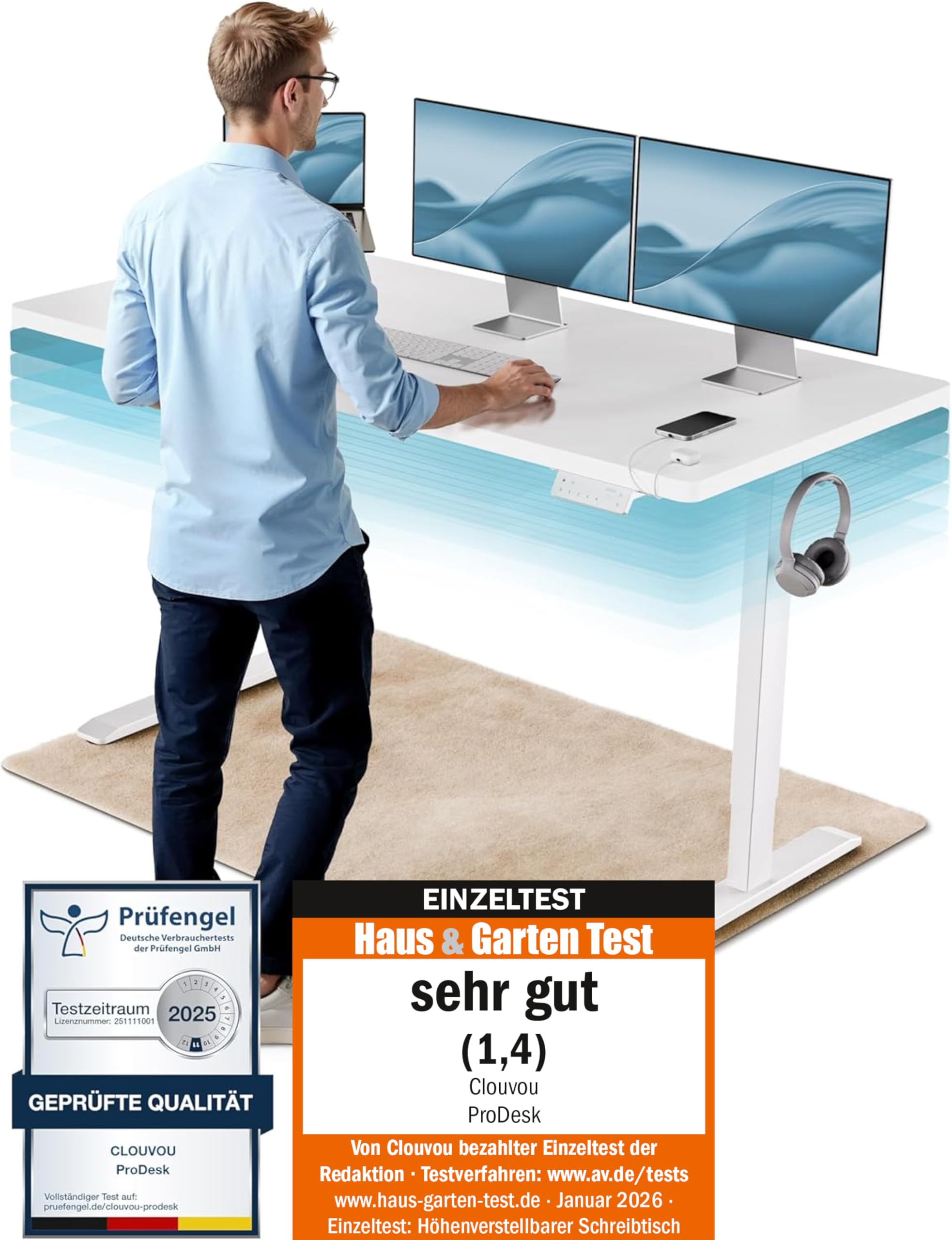 CLOUVOU ProDesk Höhenverstellbarer Schreibtisch elektrisch 160x80cm [TESTSIEGER] Dual-Motor Schreibtisch höhenverstellbar elektrisch | Elektrischer Schreibtisch mit Memory, 2X USB & Kabelversteck