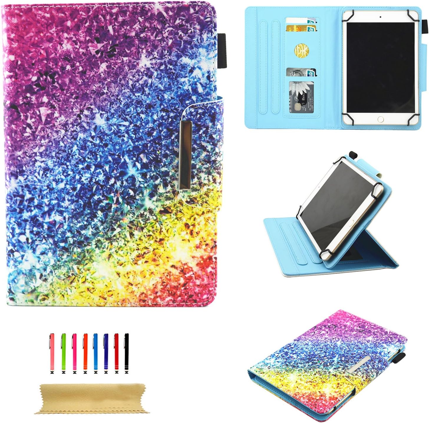 Uliking Universal Tablet Case Cover for All 6.5-7.5 inch Touchscreen Android Tablet, Slim Stand PU Leather [Card & Pencil Holder] Magnet Folio Shockproof Wallet (with a Stylus), Colorful Diamond