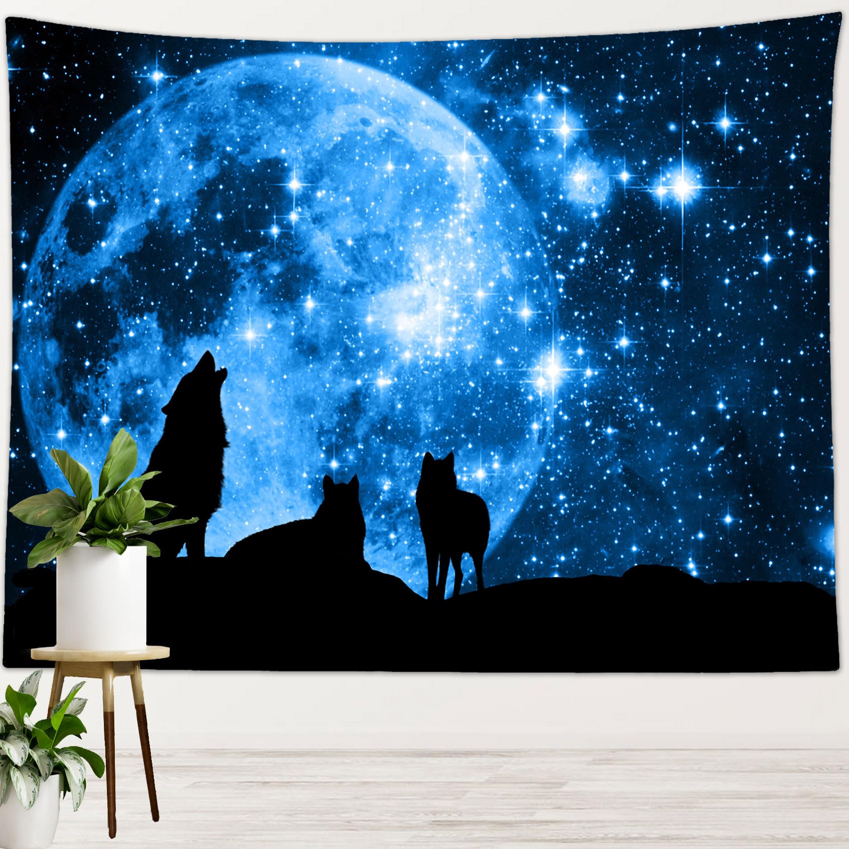 LB Black Wolf Tapestry Wall Hanging- Blue Moon Stars Funny Animal Mountain Gothic Home Decor for Living Room Bedroom Nursery Birthday Party, 59x39 inches