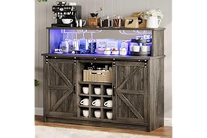 4ever2buy Farmhouse Coffee Bar with LED Lights, 47 inch Coffee Bar Cabinet with Storage, Wine Bar Cabinet with Glass & Wine Racks for Living, Dining Room, Grey