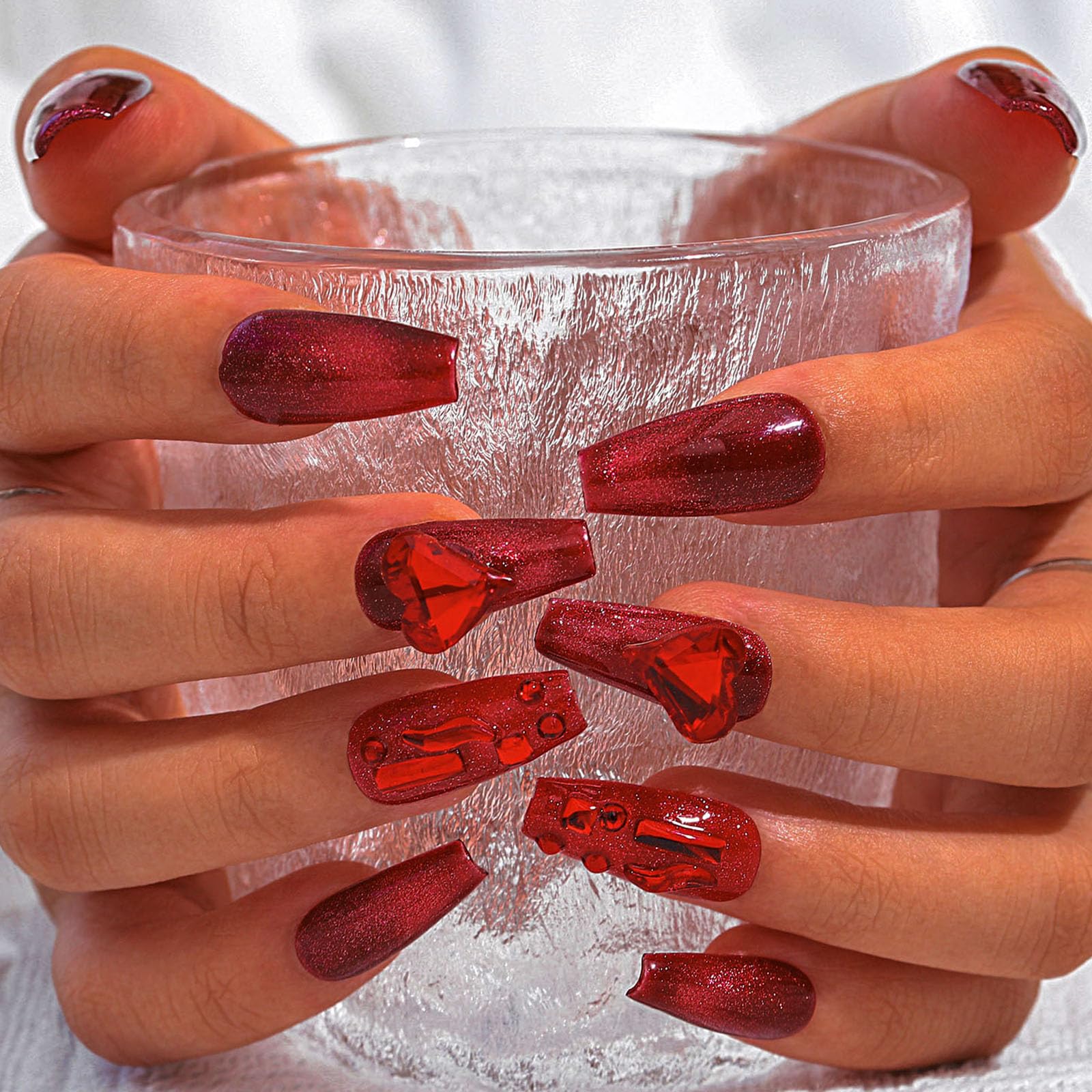 Sethexy Red Rhinestone Handmade Fake Nails Long Coffin Cat Eye Glitter False Nails 3D Crystal Glossy Press on Nails Salon Durable Nail for Women and Girls (2)
