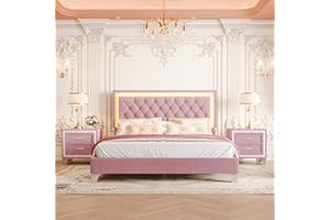 Flieks Bedroom Sets, 3-Pieces Bedroom Sets, Queen Size Upholstered Platform Bed with LED Lights and 2 Nightstands, Pink