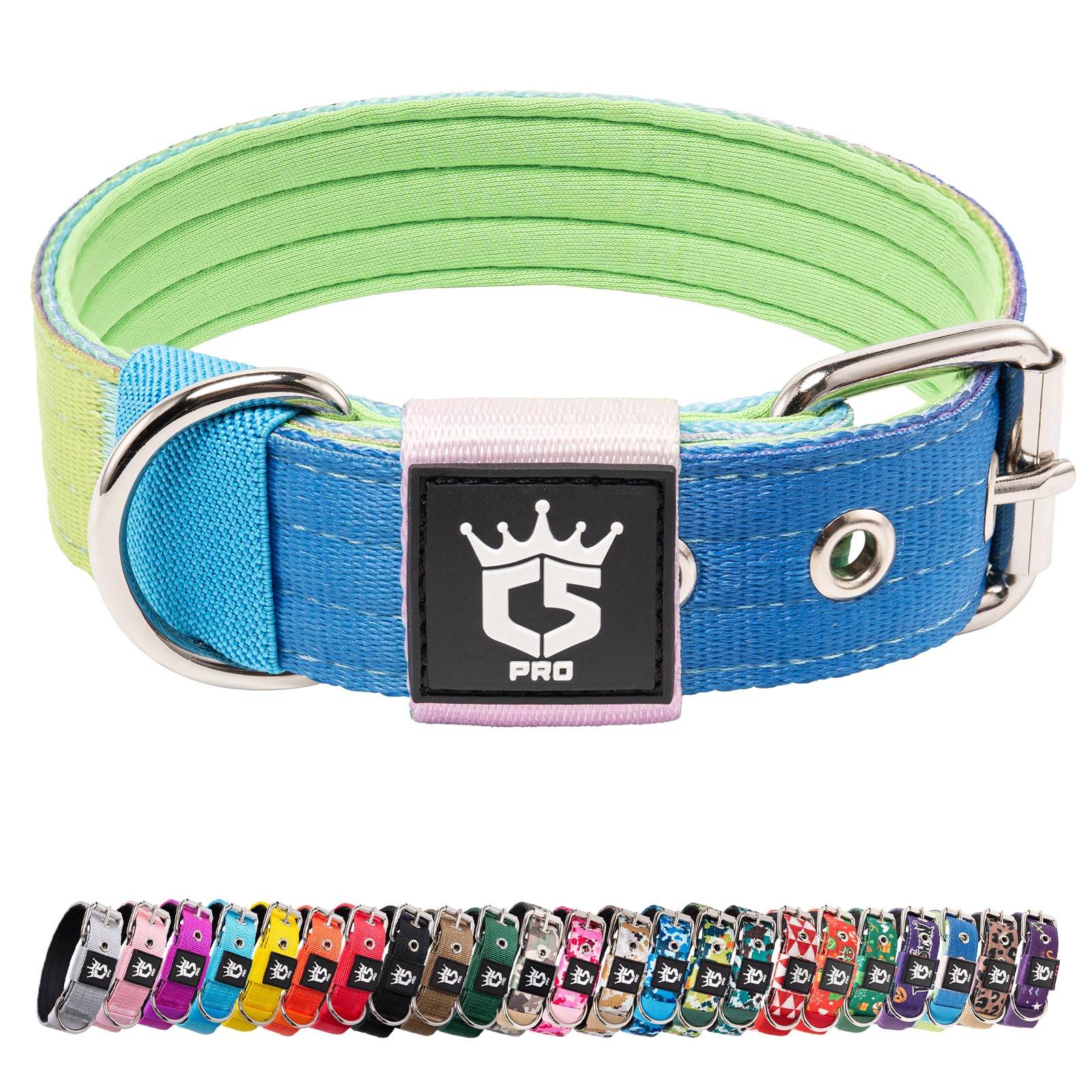 TSPRO Heavy Duty Tactical Dog Collar 1.25" Wide, Padded Dog Collar with Metal Buckle, Adjustable for Walking Training Outdoor for Small Dogs (Lucky Rainbow, S)