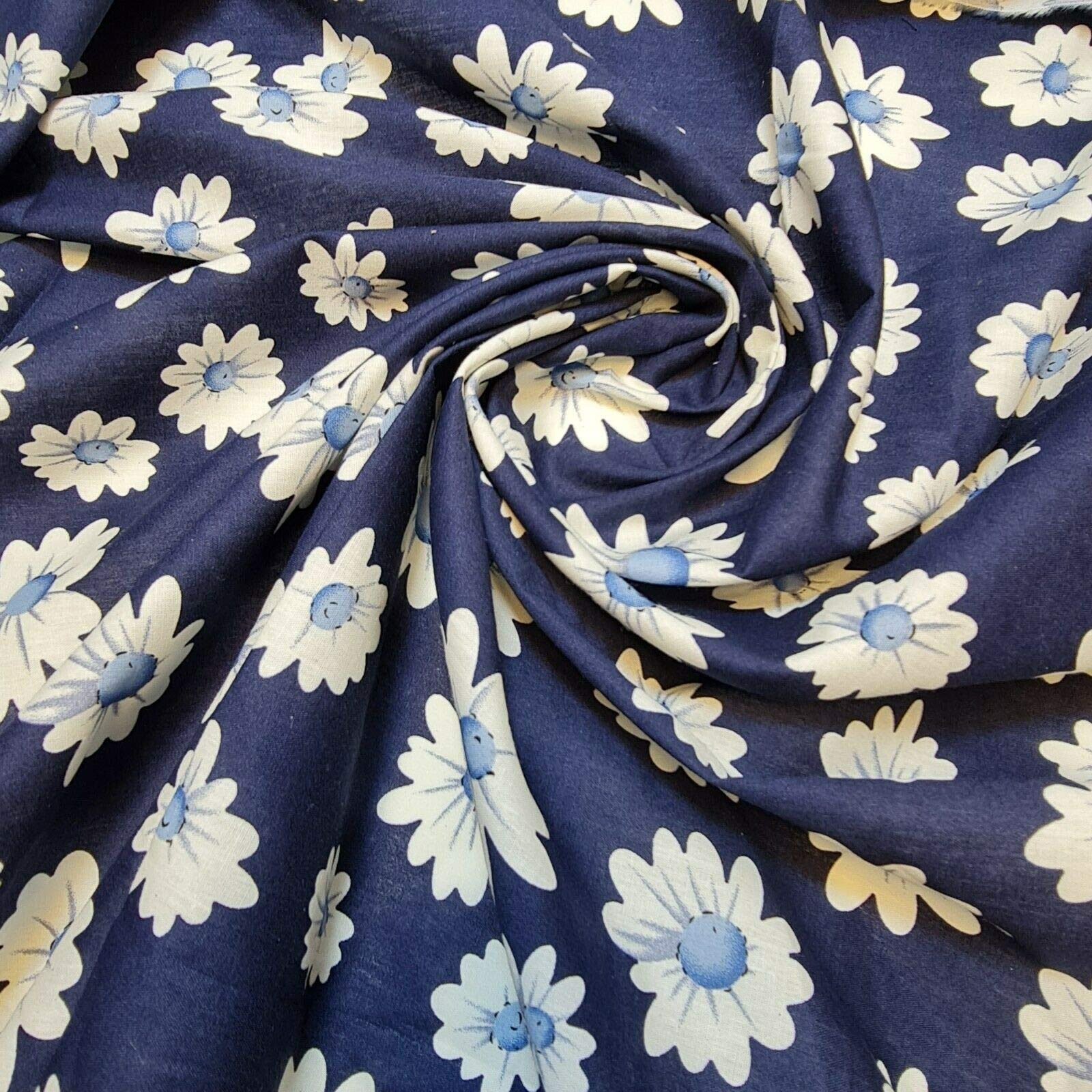 100% Cotton Poplin Daisy Flower Print Fabric Dress Craft Soft Fabric 58" EPR (Floral Navy)