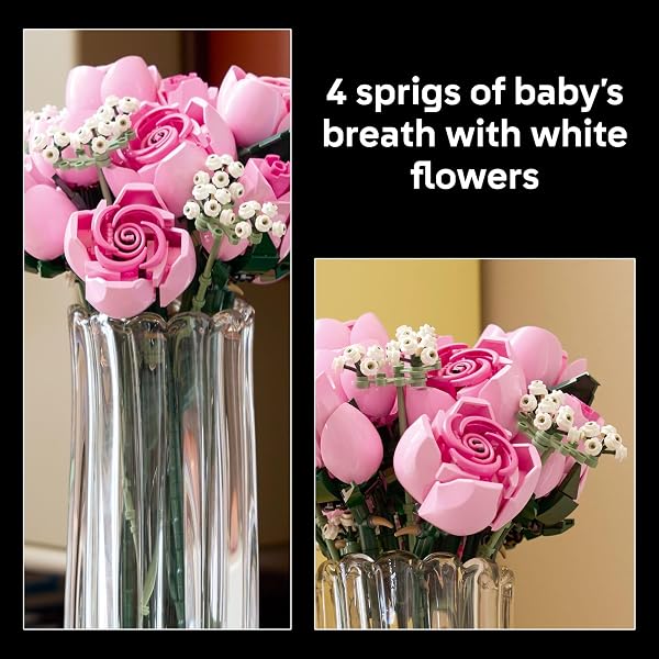LEGO BOTANICALS BOUQUET OF PINK ROSES ARTIFICIAL FLOWERS – BUILDING BLOCKS FOR ADULTS, AGES 18+ – GIFTS FOR BIRTHDAYS FOR HER – FLOWERS FOR HOME OFFICE, SHELF OR ROOM DECOR – 10374