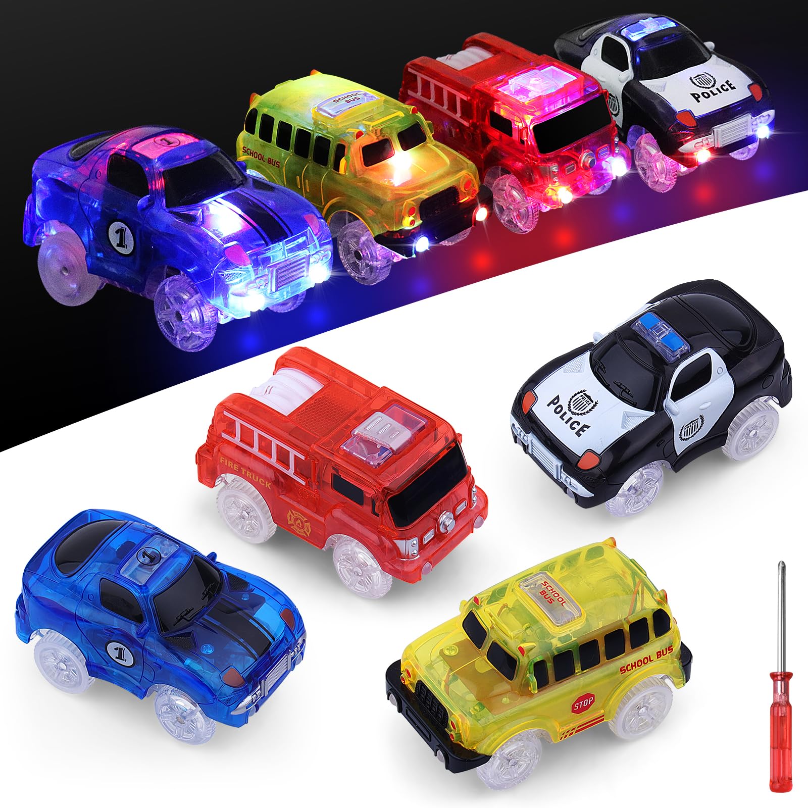 yusvwkj Cars Tracks Only Replacement Glow in the Dark for 3 4 5 6 7 8 Kids Boy Girl, Race Cars with 5 LED Flashing Light for Most Race Car Track toy, Battery Operated（4 Pack）