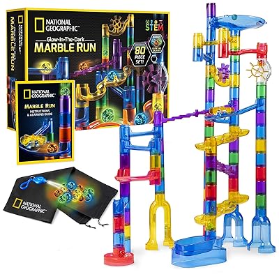 NATIONAL GEOGRAPHIC Glowing Marble Run &ndash; 80 Piece Construction Set with 15 Glow in the Dark Glass Marbles, Mesh Storage Bag &amp; Marble Pouch, Great Creative STEM Toy for Girls &amp; Boys