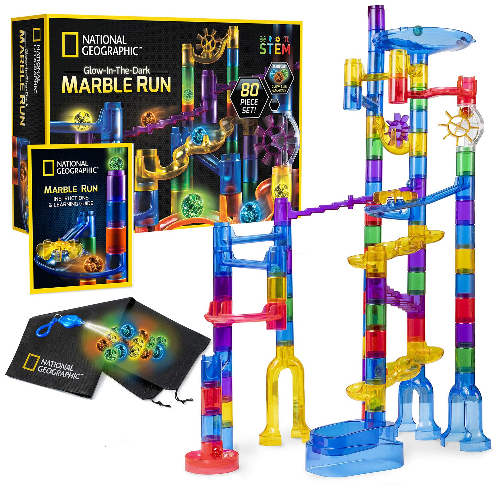 NATIONAL GEOGRAPHIC Glowing Marble Run 80 Piece Construction Set with 15 Glow in the Dark