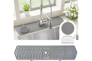 HALANDAR 24 in Kitchen Silicone Sink Splash Guard with 4 in Silicone Brush and Silicone Scraper Silicone Faucet Splash Guard for Kitchen Bathroom, Faucet Handle Drip Catcher Tray (GREY)