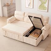 Tbfit 84" Sofa Bed, Pull Out Sleeper Sofa with USB &amp; Storage Chaise for Small-Space Living, Beige
