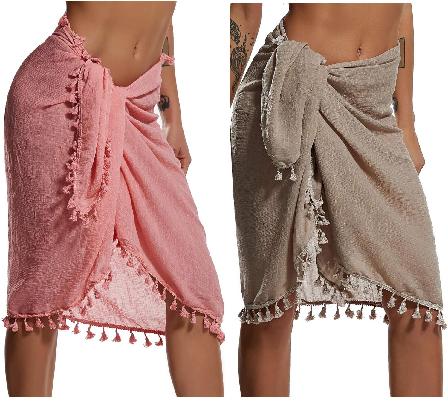 Eicolorte Beach Sarong Pareo Womens Semi-Sheer Swimwear Cover Ups Short Skirt with Tassels