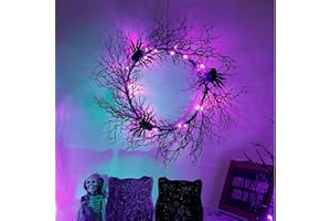 Adroiteet 24 Inch Halloween Wreath for Front Door - Lighted Black Spider Wreath with Purple LED Lights, Outdoor/Indoor Spooky Decorations for Halloween Party, Porch, Holiday Home Decor