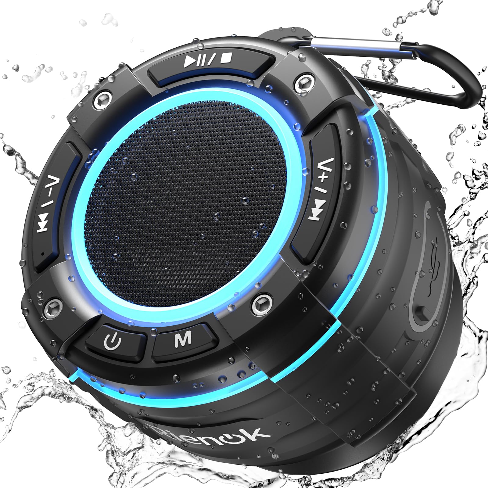 RIENOK Shower Speaker Bluetooth FM Radio IPX7 Waterproof 12H Playtime RGB Lights Portable Speakers Wireless Bluetooth Mini Speaker with Suction Cup Hook for Bathroom Party Travel Outdoor