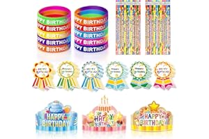 LACCHOUFEE 120 Pieces Happy Birthday Kits for Kids Classroom - Include Adjustable Happy Birthday Hats, Colored Silicone Stretches, Badge Stickers and Pencils, School Kindergarten Party Supplies
