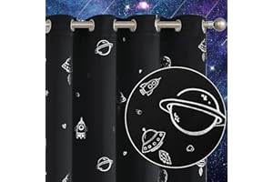 Vangao Black Kids Curtains for Boys Bedroom Space Theme Blackout Curtains for Kids Nursery Girls Room 63 Inches Length Silver Foil Print Drapes Grommet Top Window Treatments Set 2 Panels