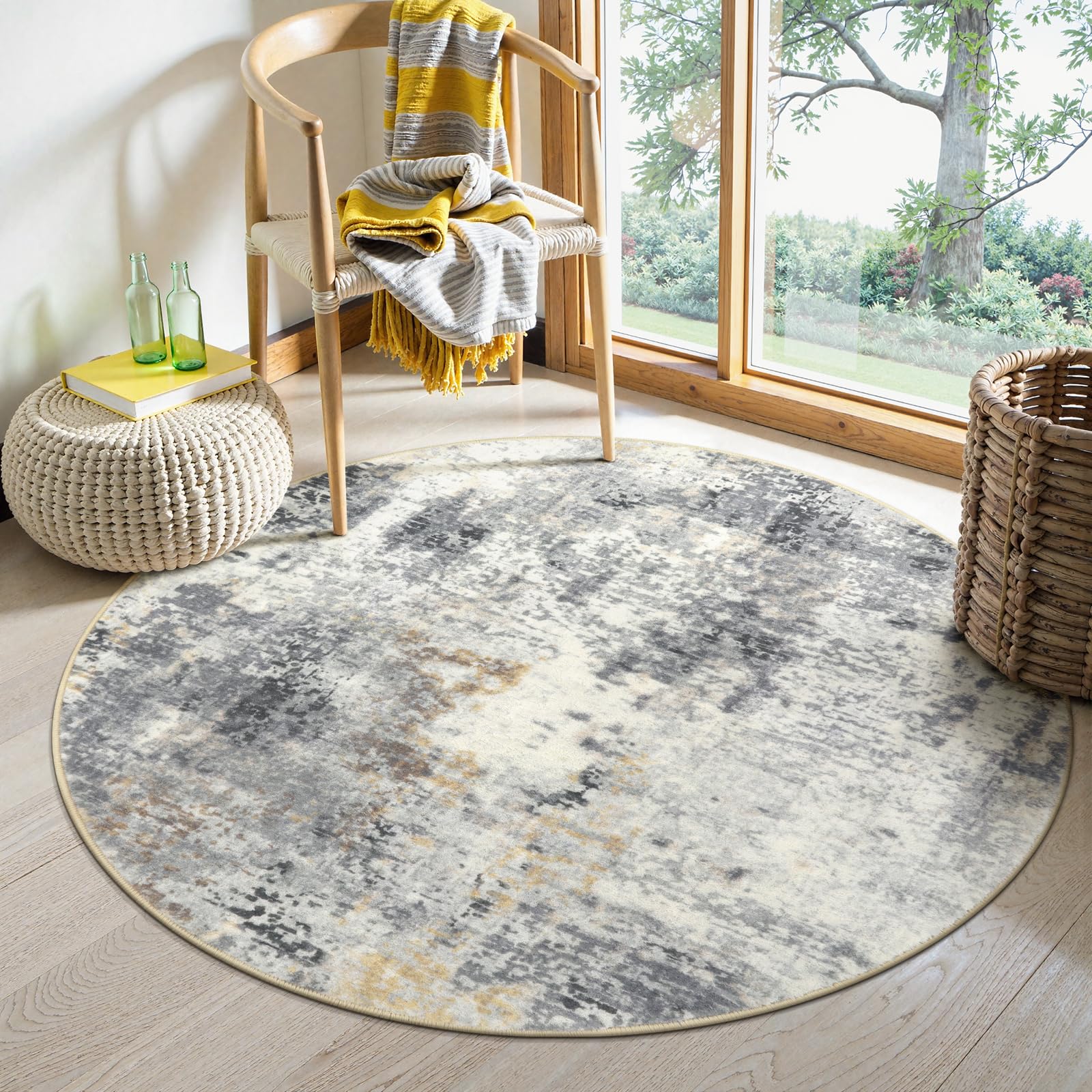 Photo 1 of Lahome Modern Abstract Round Rug - 4Ft Grey Small Bathroom Rug Indoor 4x4 Circle Rugs Washable Kitchen Mat, Non Slip Contemporary Bedroom Carpet for Living Dining Room Office Nursery