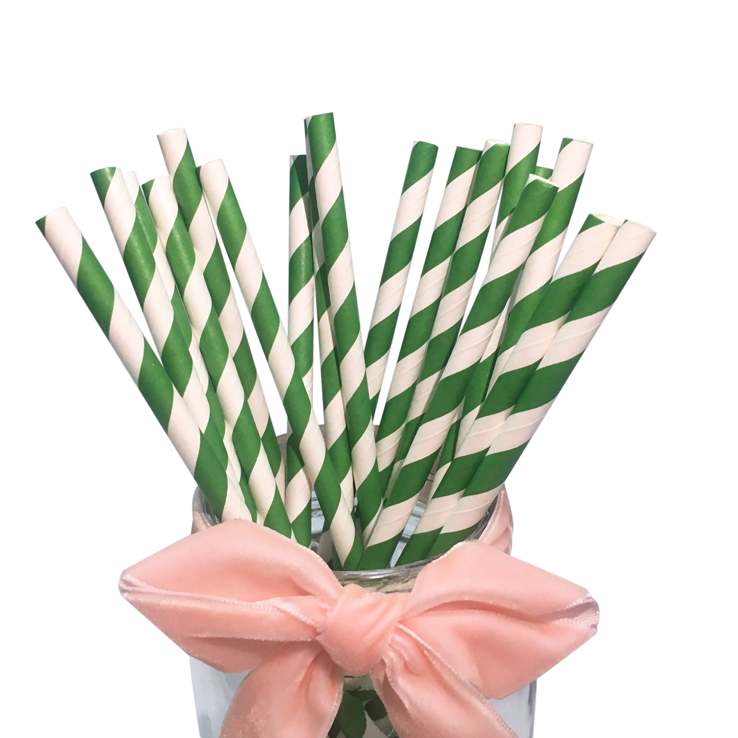 Photo 1 of Green Striped Paper Straws Bulk - Disposable Green and White Drinking Straws Biodegradable Paper Pop Cake Sticks for Craft (100 Pack)